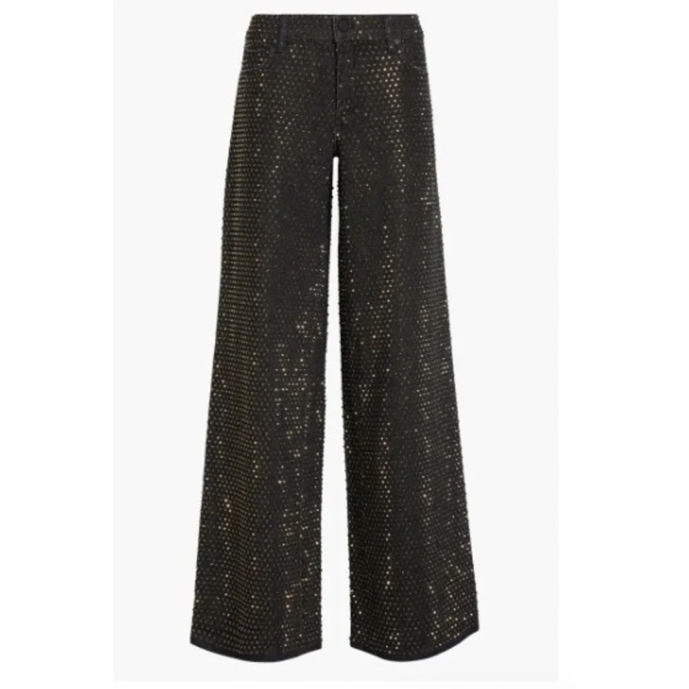 Alice and Olivia Black Gold Rhinestone Embellished Wide Leg Jeans High Rise | 28 - Picture 7 of 10